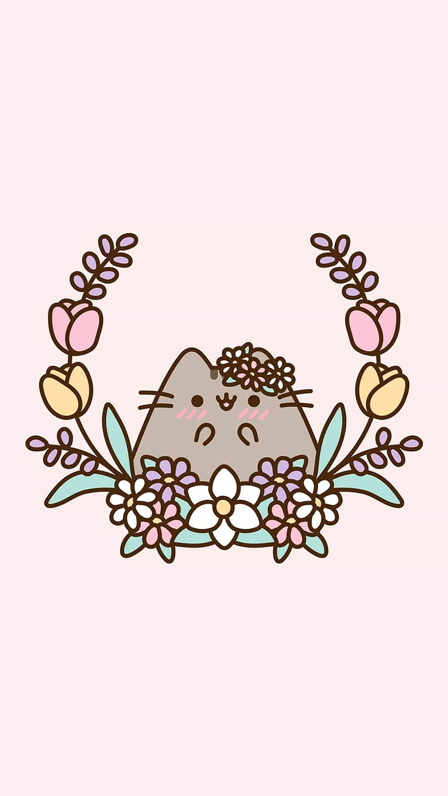 Pusheen Cat Kawaii Spring Floral Illustration with Tulips and Blossoms HD phone wallpaper