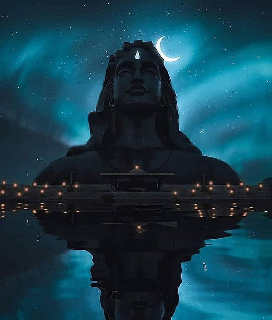 Mystical Shiva Statue Reflection in Water Under Crescent Moon and Starry Night Sky HD phone wallpaper