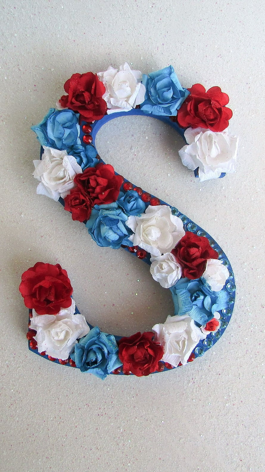 Handcrafted Letter S Decorated with Red White and Blue Fabric Roses and Rhinestones HD phone wallpaper