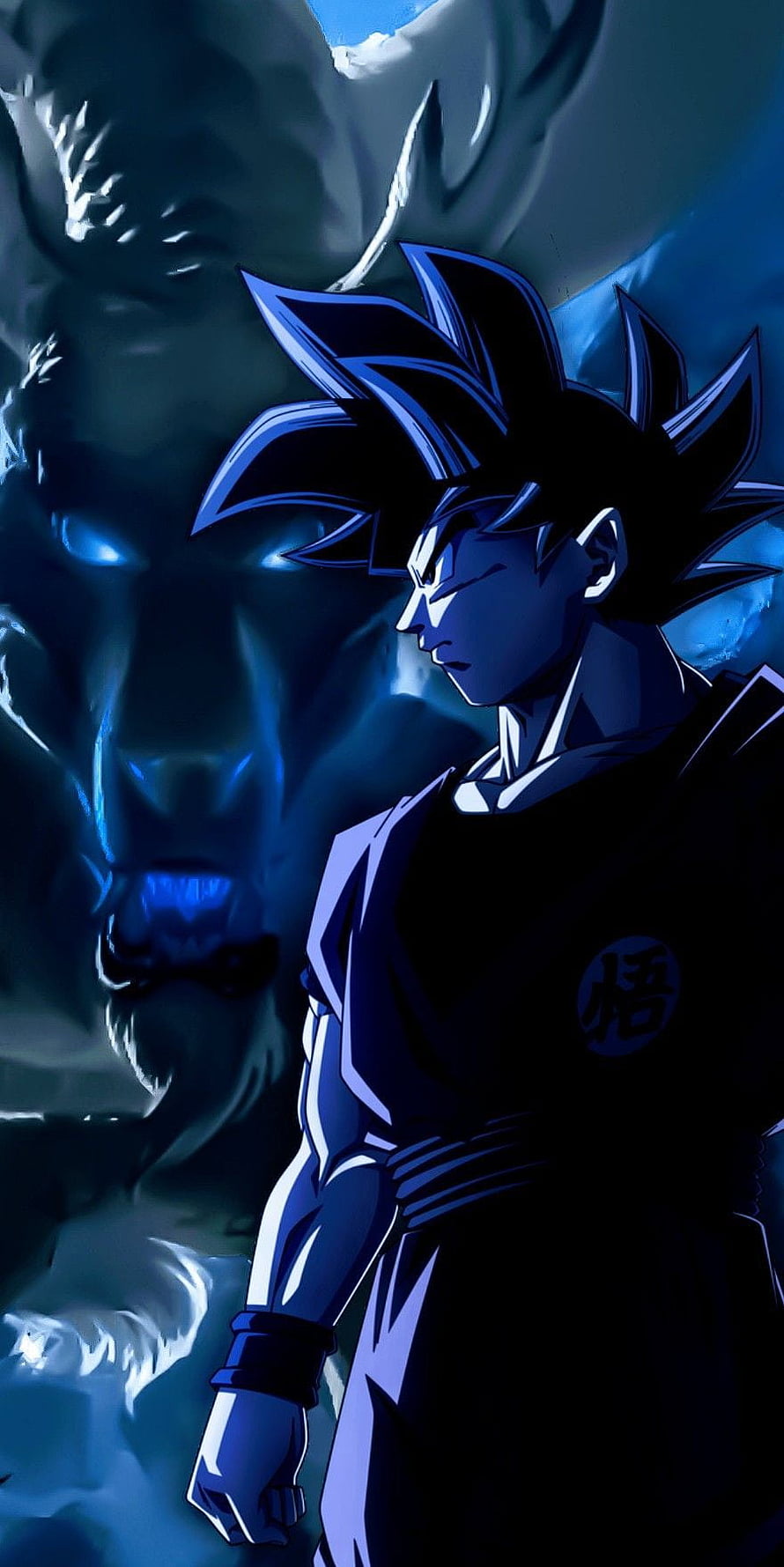 Goku with Majin Buu Shadow in Dark Blue Anime Art HD phone wallpaper