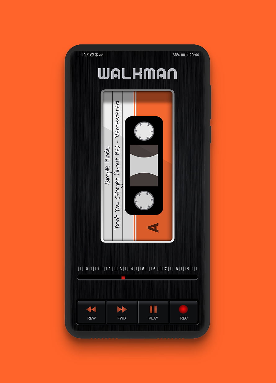 Retro Sony Walkman Cassette Player Interface on Smartphone Screen with Orange Background, Contest Walkman : androidthemes, Sony Walkman HD phone wallpaper