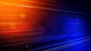 Futuristic Digital World Map with Neon Orange and Blue Data Streams HD wallpaper