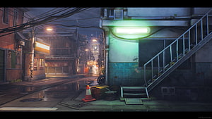 Moody Rainy Night Street Scene with Neon Glow and Wet Pavement Reflections HD wallpaper