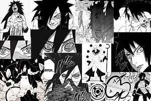 Madara Uchiha Manga Panel Collection Featuring Sharingan and Susanoo HD wallpaper