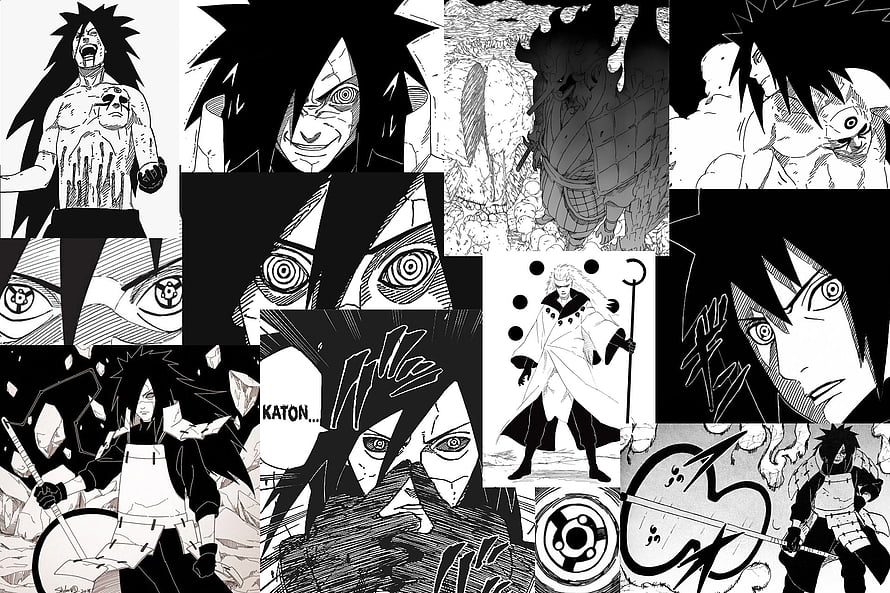 Madara Uchiha Manga Panel Collection Featuring Sharingan and Susanoo HD wallpaper