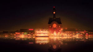 Spirited Away Bathhouse Night Scene with Clock Tower and Water Reflections HD wallpaper