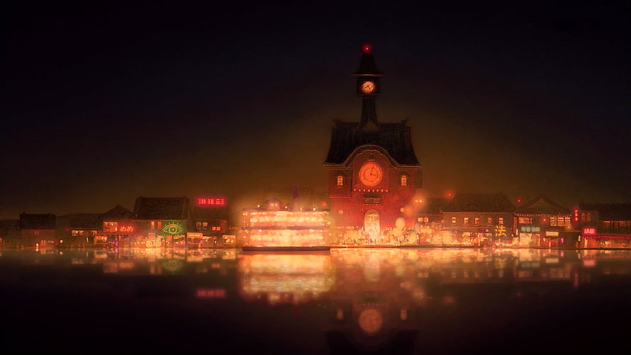 Spirited Away Bathhouse Night Scene with Clock Tower and Water Reflections HD wallpaper