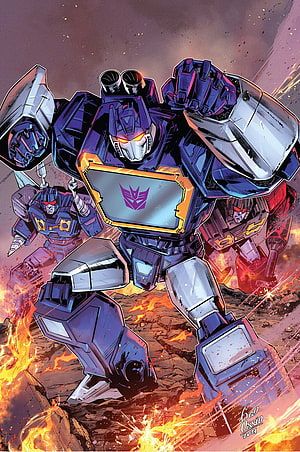 Soundwave and Decepticon Robots in Comic Book Battle Scene HD phone wallpaper