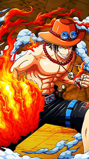 Portgas D. Ace from One Piece wielding Mera Mera no Mi fire powers in dynamic anime action pose HD phone wallpaper