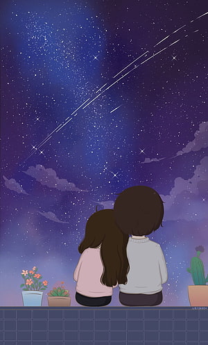 Cute Cartoon Couple Watching Shooting Stars and Milky Way on a Rooftop at Night HD phone wallpaper