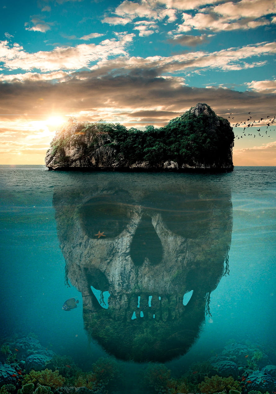 Surreal Skull Island Rising From Ocean Depths With Coral Reef HD phone wallpaper