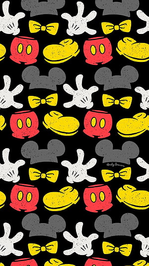Mickey Mouse Iconic Pattern Design with Gloves, Shoes, and Bow Ties on Black Background HD phone wallpaper