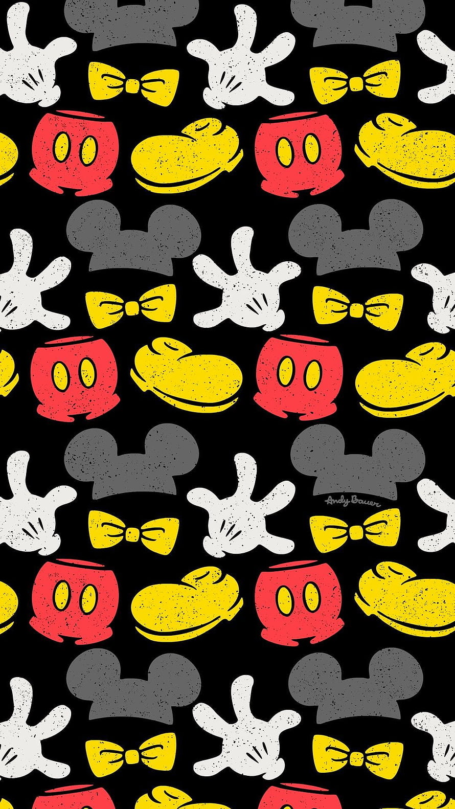 Mickey Mouse Iconic Pattern Design with Gloves, Shoes, and Bow Ties on Black Background HD phone wallpaper
