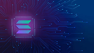 Solana Blockchain Circuit Board with Glowing Processor and Digital Traces HD wallpaper