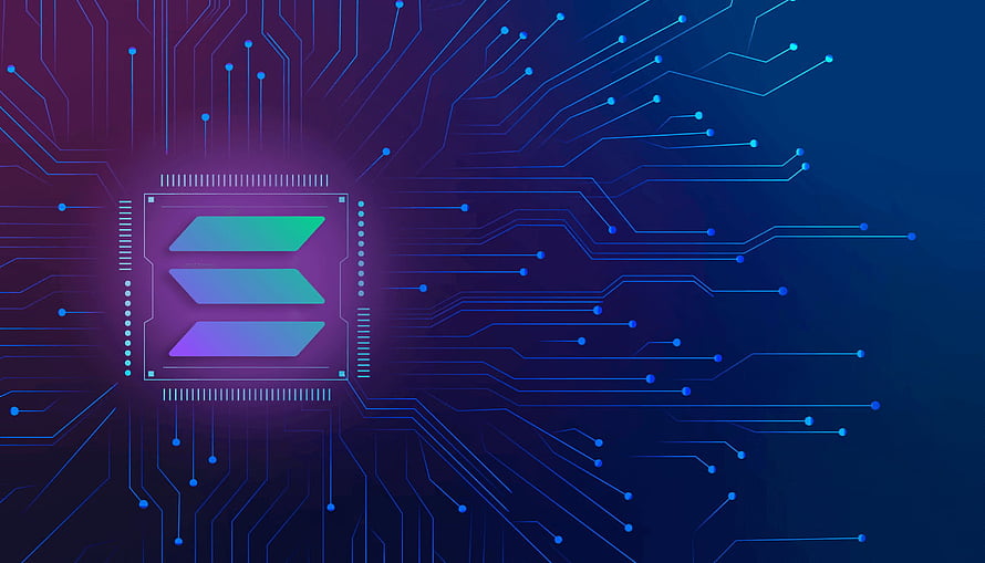 Solana Blockchain Circuit Board with Glowing Processor and Digital Traces HD wallpaper