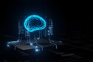 Glowing Holographic Brain Connected to Circuit Board in Dark Digital Space HD wallpaper