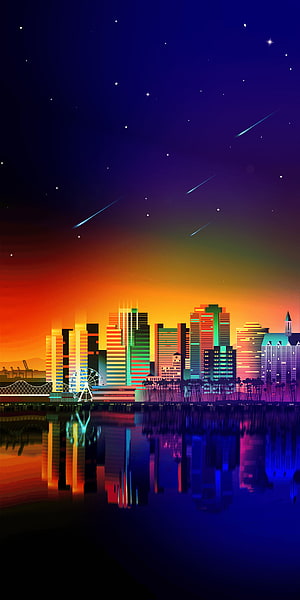 Vibrant Neon City Skyline at Night with Starry Sky and Water Reflections HD phone wallpaper