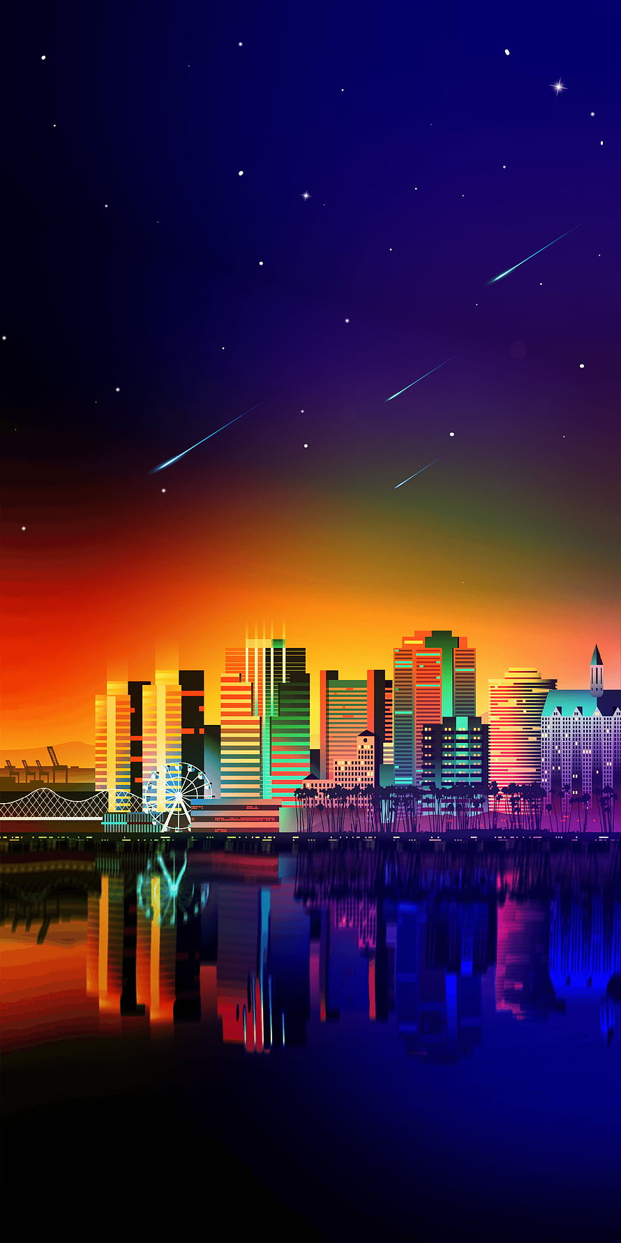 Vibrant Neon City Skyline at Night with Starry Sky and Water Reflections HD phone wallpaper