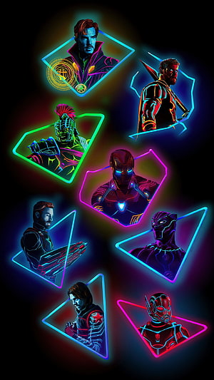 Neon Avengers Team Portrait With Doctor Strange, Thor, Hulk, Iron Man, Captain America, Black Panther, Winter Soldier, Ant-Man, Avengers, marvels, super heros HD phone wallpaper