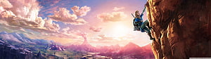 Link climbing a cliff overlooking the Hyrule landscape in The Legend of Zelda HD wallpaper