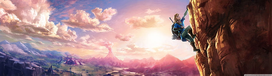 Link climbing a cliff overlooking the Hyrule landscape in The Legend of Zelda HD wallpaper