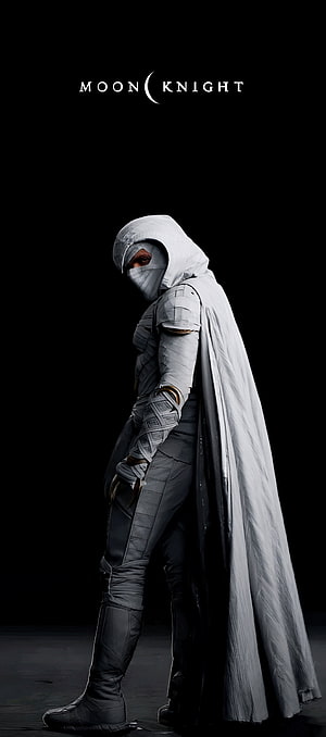 Moon Knight in White Hooded Suit and Flowing Cape Against Black Background HD phone wallpaper