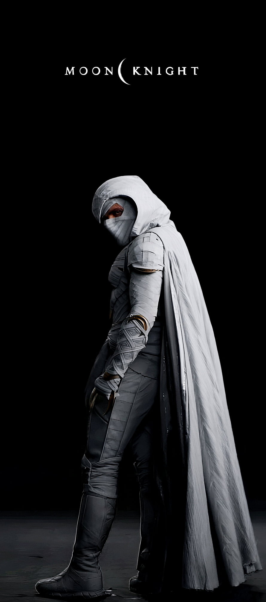Moon Knight in White Hooded Suit and Flowing Cape Against Black Background HD phone wallpaper