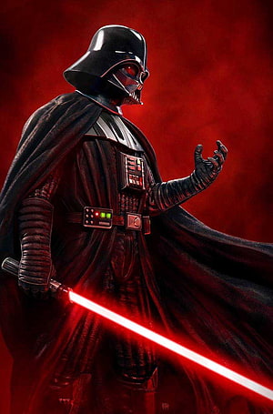 Darth Vader wielding red lightsaber against dark red background HD phone wallpaper