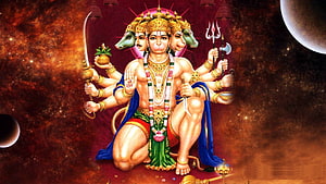 Lord Hanuman Multi-Headed Divine Form with Cosmic Nebula Background, Lord Hanuman Destop Background. Hindu Gods and Goddesses, Hanuman PC HD wallpaper
