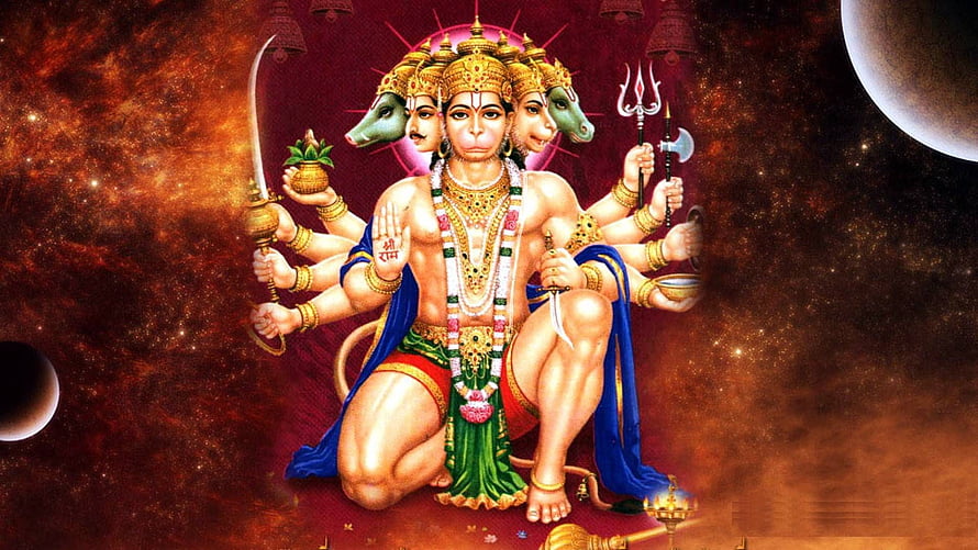 Lord Hanuman Multi-Headed Divine Form with Cosmic Nebula Background, Lord Hanuman Destop Background. Hindu Gods and Goddesses, Hanuman PC HD wallpaper