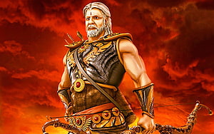 Bhishma Pitamah warrior from Mahabharata holding a bow against a fiery red sky HD wallpaper