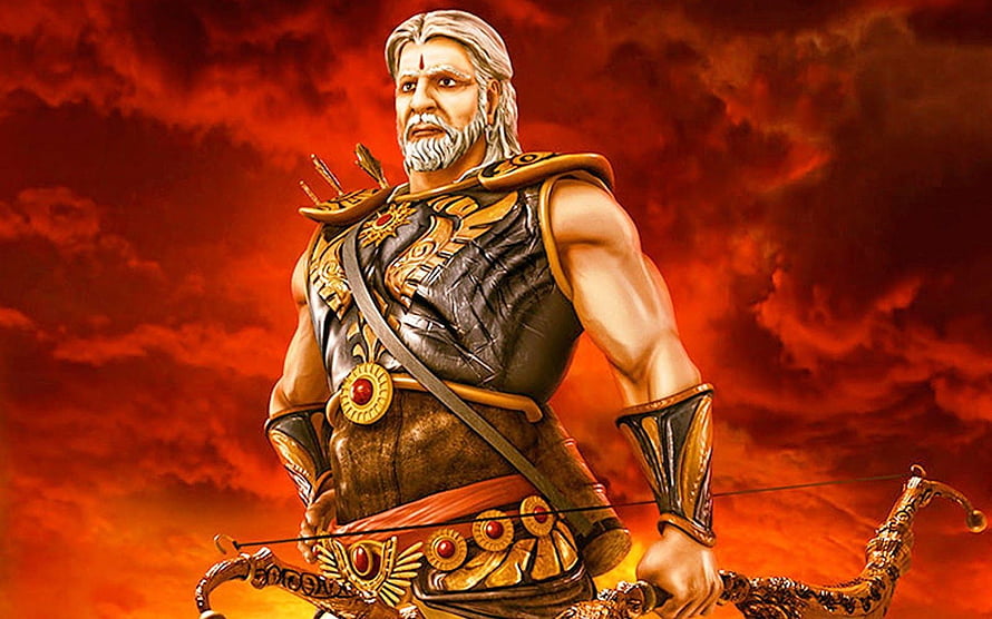 Bhishma Pitamah warrior from Mahabharata holding a bow against a fiery red sky HD wallpaper