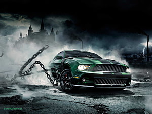 Green Ford Mustang Shelby GT500 Breaking Chains in Dark Stormy Castle Background HD wallpaper