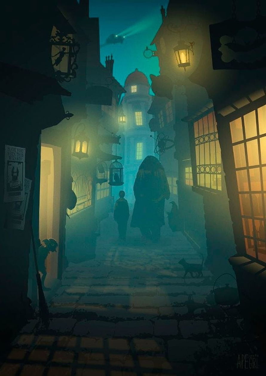 Mystical Wizard and Child Walking Through Foggy Cobblestone Alley at Night HD phone wallpaper