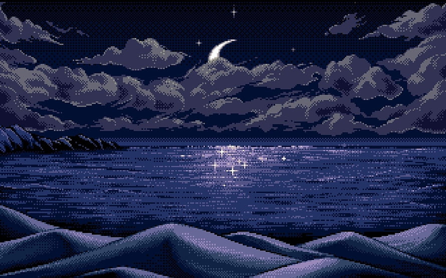 Pixel Art Night Ocean Landscape With Crescent Moon And Clouds HD wallpaper
