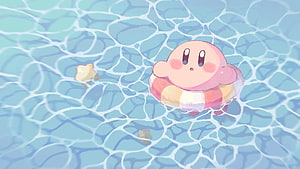 Cute Kirby Floating in a Swimming Pool with a Lifebuoy HD wallpaper