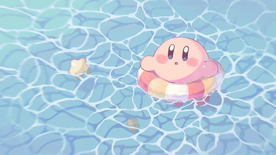 Cute Kirby Floating in a Swimming Pool with a Lifebuoy HD wallpaper