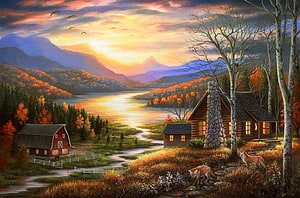 Autumn Mountain Cabin and Farmhouse at Sunset with Foxes and River HD wallpaper