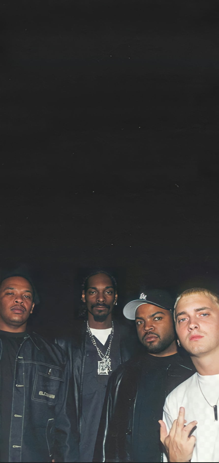 Snoop Dogg, Ice Cube, Dr. Dre, and Eminem in a moody black-and-white group portrait HD phone wallpaper
