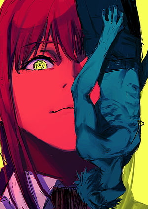 Chainsaw Man Anime Illustration Featuring Red-Haired Character and Blue Silhouette, Chainsaw Man, Chainsaw Man Manga HD phone wallpaper