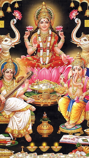 Goddess Lakshmi seated on a lotus with Ganesha and Saraswati, surrounded by gold coins, elephants, and diyas for wealth and prosperity HD phone wallpaper