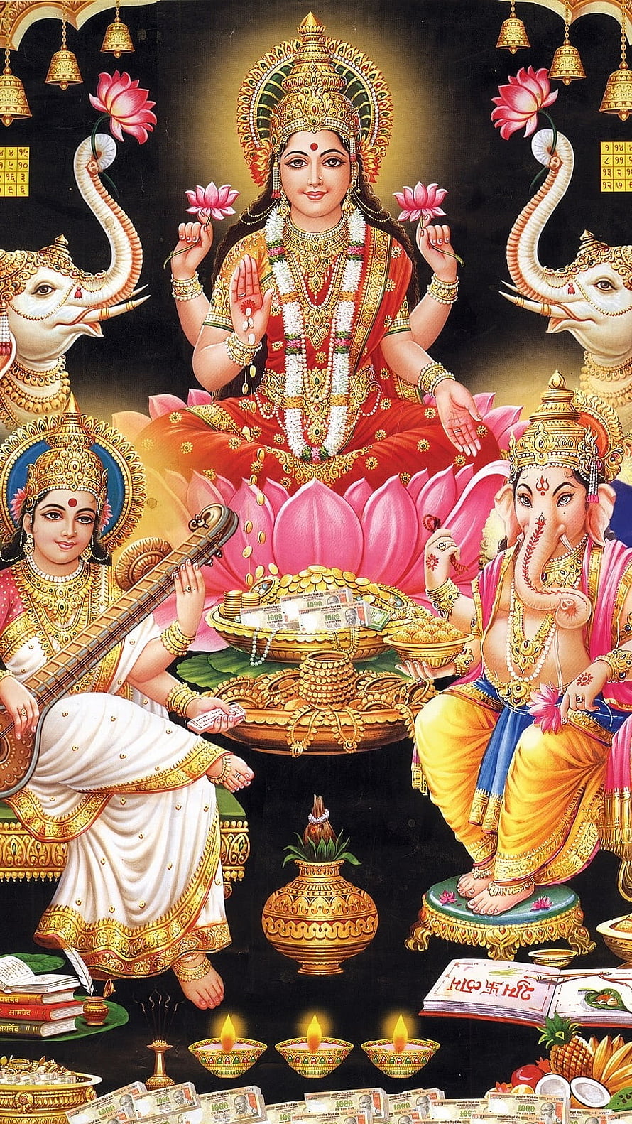 Goddess Lakshmi seated on a lotus with Ganesha and Saraswati, surrounded by gold coins, elephants, and diyas for wealth and prosperity HD phone wallpaper