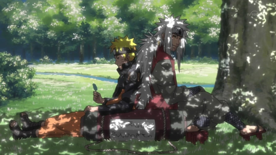 Naruto and Jiraiya relaxing together in a sunlit forest clearing HD wallpaper