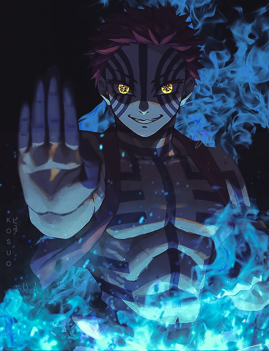 Demon Slayer Akaza Upper Rank Three Blue Flame Anime Wallpaper HD phone wallpaper