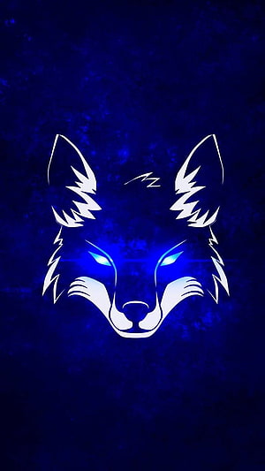 Stylized White Wolf Head With Glowing Blue Eyes On Dark Blue Background HD phone wallpaper
