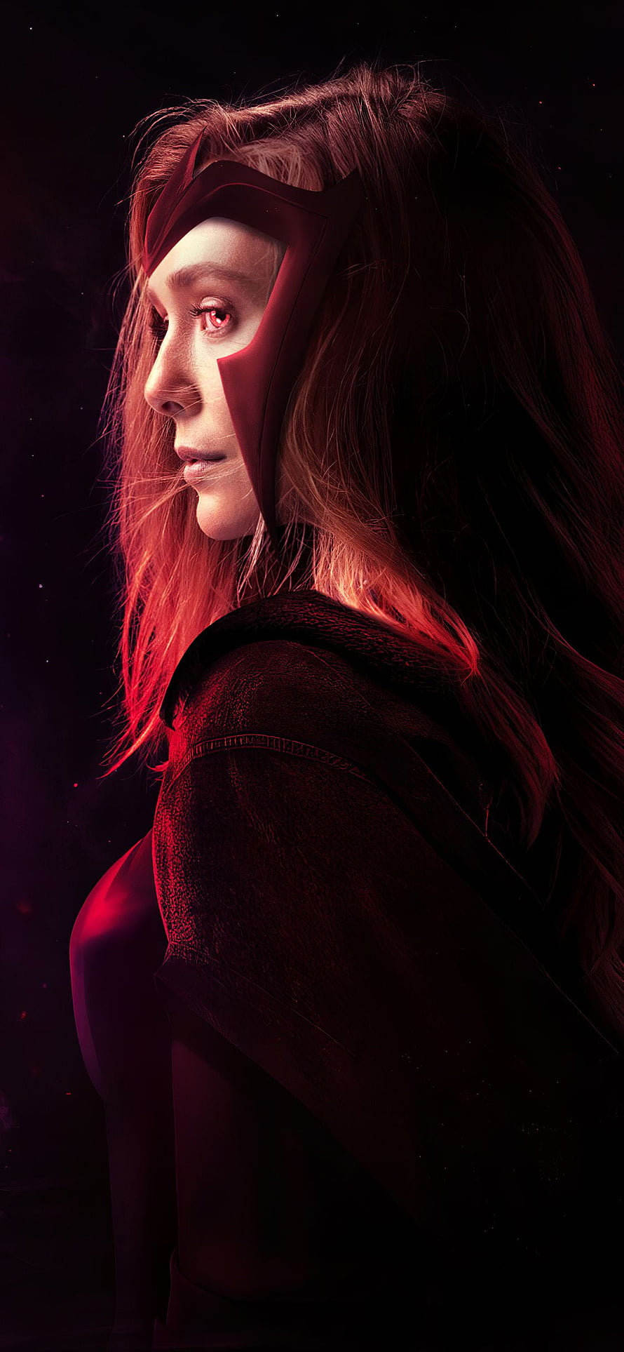 Scarlet Witch Wanda Maximoff Cinematic Portrait with Red Glowing Eyes and Dark Hooded Attire HD phone wallpaper