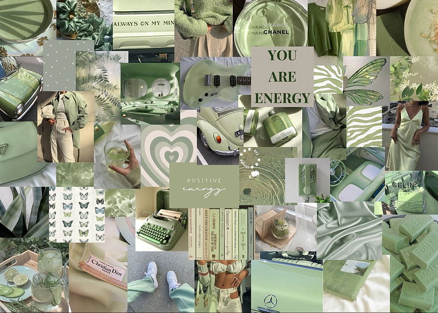 Green Aesthetic Mood Board Collage Featuring Vintage Cars, Fashion, and Nature HD wallpaper