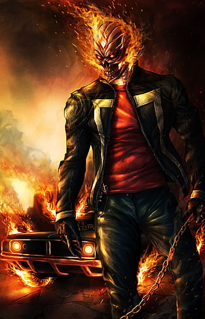 Ghost Rider Robbie Reyes with flaming skull and classic car in fiery inferno HD phone wallpaper