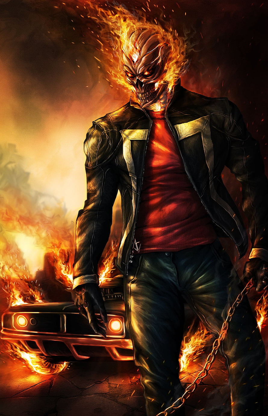 Ghost Rider Robbie Reyes with flaming skull and classic car in fiery inferno HD phone wallpaper