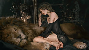 Ethereal woman in black silk dress adorned with gold chains resting beside a sleeping lion in a dark fantasy setting, Nap, girl, princess, lion, animal, frumusete, leu, art, ghostblade, aeolian, fantasy, wlop, sleep HD wallpaper
